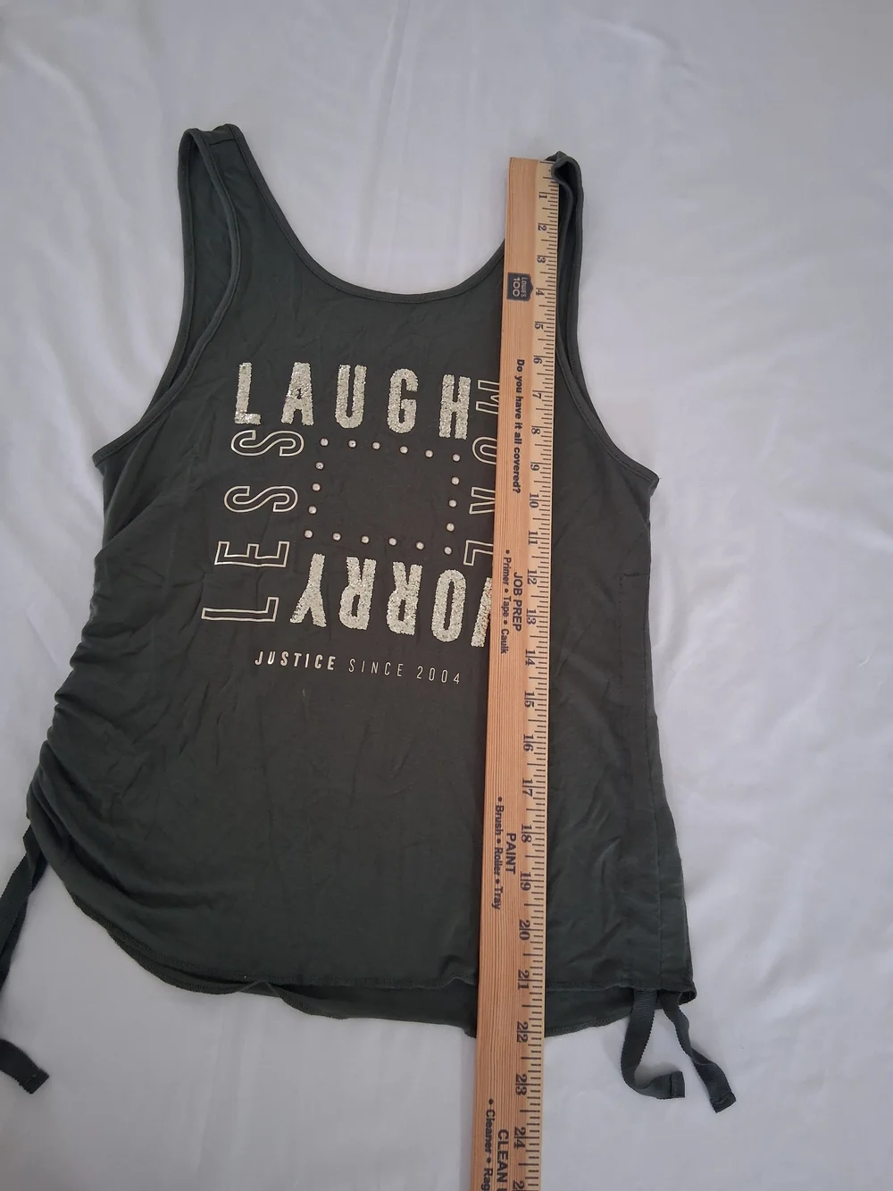 Justice Tween Girl's  Olive Green Tank with Metallic Graphic Side Ties Size 12